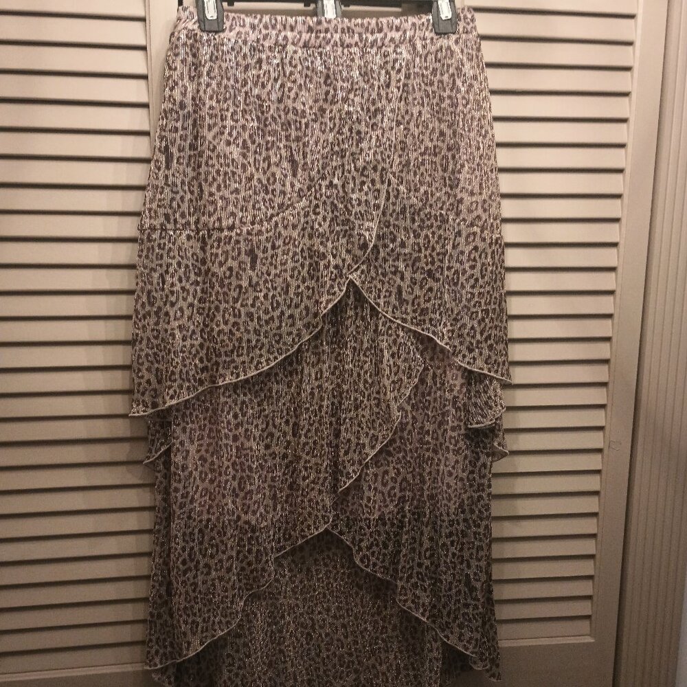 REBA 2 piece Gold Black Metallic Animal Print Tiered Skirt and Top Set.